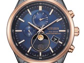 Primo piano dell’orologio Citizen BY1036-53L Eco-Drive con fasi lunari, dotato di quadrante blu, lunetta color oro rosa, cassa in acciaio inossidabile nero e indicatore analogico delle fasi lunari a ore 6