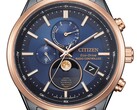 Primo piano dell’orologio Citizen BY1036-53L Eco-Drive con fasi lunari, dotato di quadrante blu, lunetta color oro rosa, cassa in acciaio inossidabile nero e indicatore analogico delle fasi lunari a ore 6