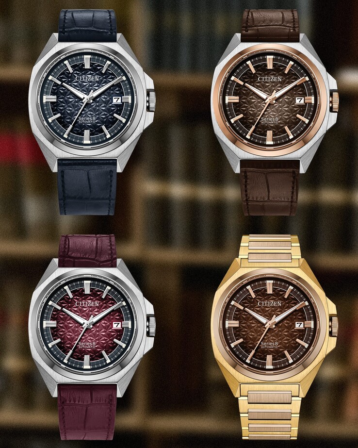 Dall’alto verso il basso: orologi automatici Citizen Serie 8 831 in edizione limitata nei colori blu navy, marrone, bordeaux e arancione bruciato, rispettivamente.