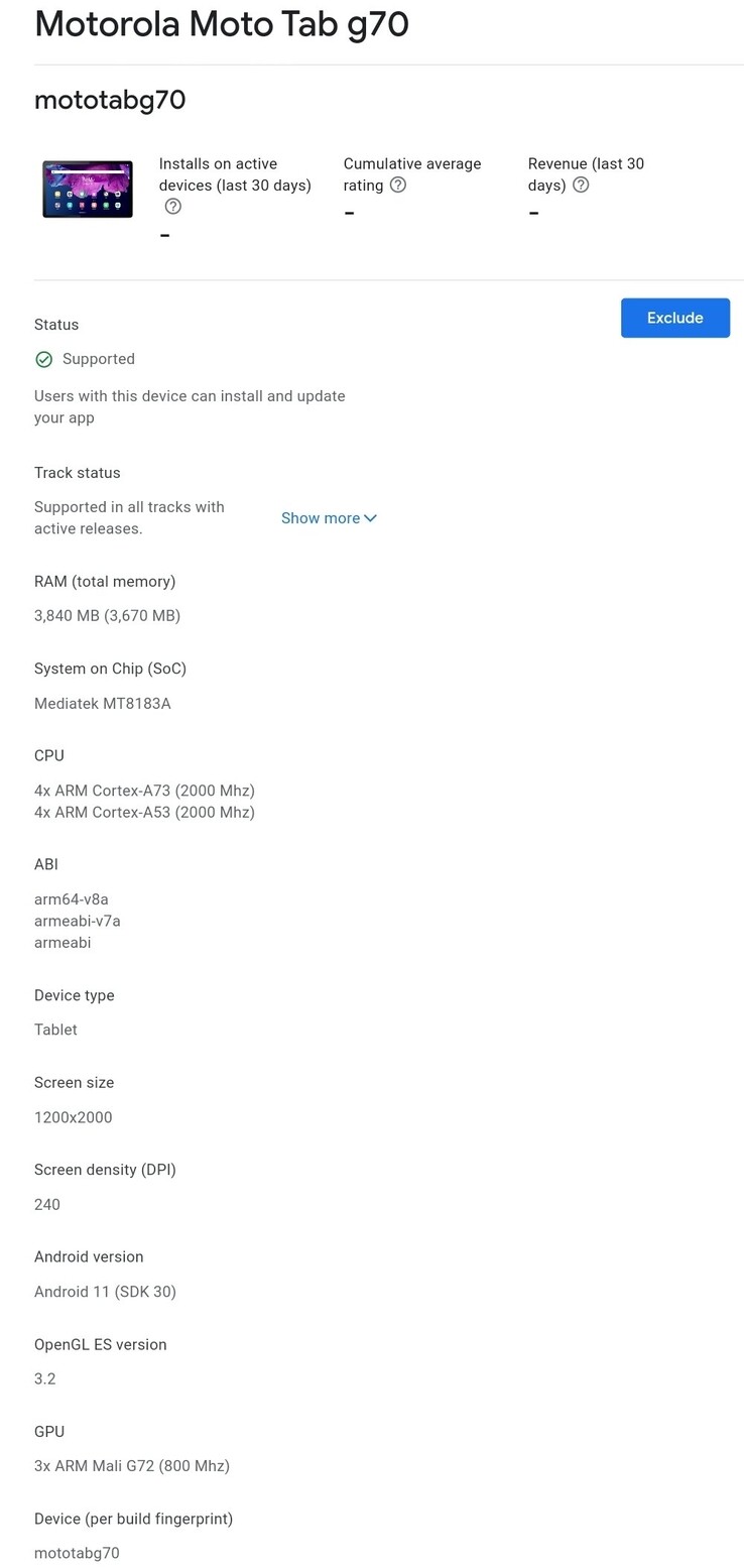 Il nuovo annuncio di "Moto Tab G70". (Fonte: Google Play Console via Abhishek Yadav su Twitter)