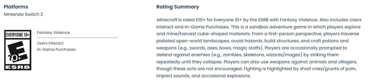 Valutazione ESRB per la versione Switch 2 di Minecraft.