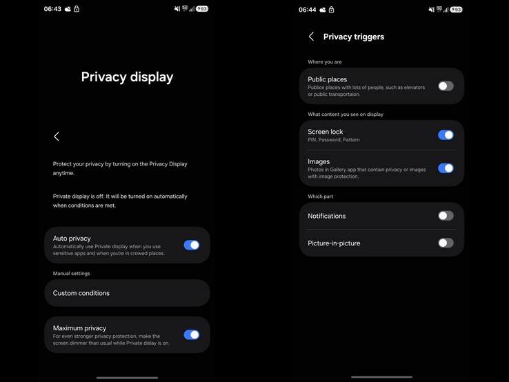 Schermate che mostrano l'impostazione 'Privacy Display' in OneUI 8.5. (Fonte immagine: Ach on X)