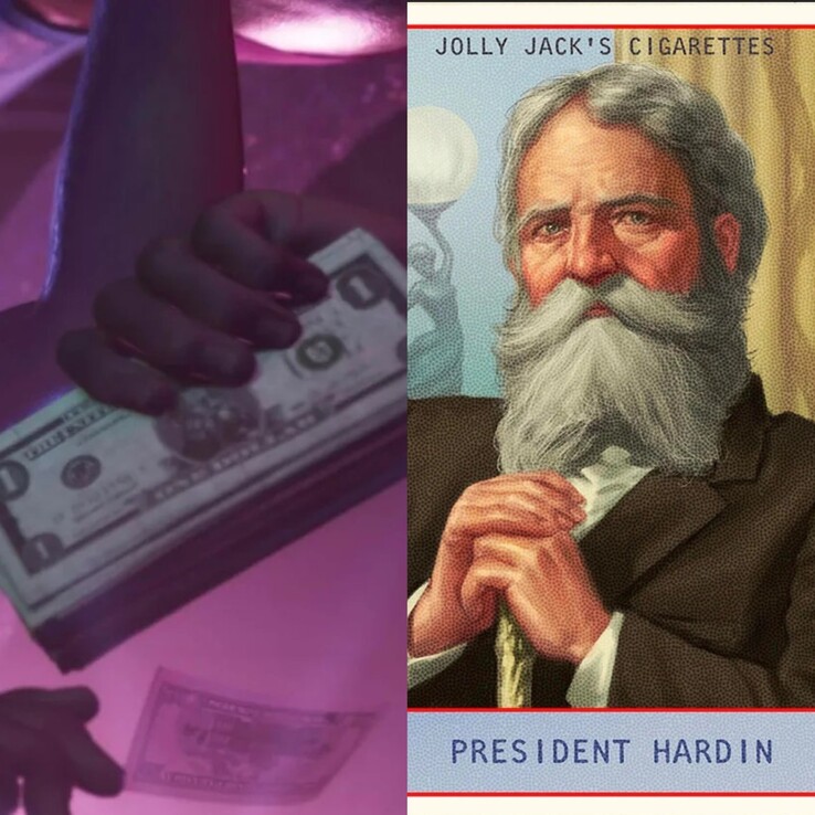 Immagine che mostra il denaro in GTA 6 dal Trailer 2 insieme al Presidente Hardin. (Fonte immagine: Synth Potato su X)