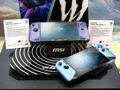 Le nuove versioni Glacier Blue e Void Purple di MSI dell'attuale Claw 8 AI+ in mostra al CES 2026 di Las Vegas. (Fonte: MSI)
