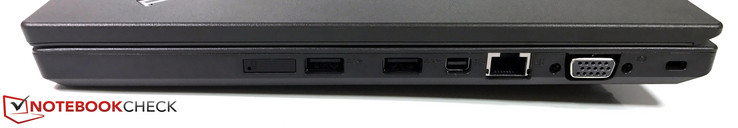 right side: SIM card slot , 2 USB 3.0 Type-A ports, one Mini DisplayPort output, Ethernet port, VGA port, Kensington Lock