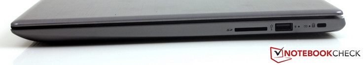 Right side: SD card reader, USB 2.0, Kensington