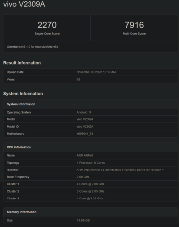 Punteggio singolo e multi-core di Vivo X100 (immagine tramite Geekbench)