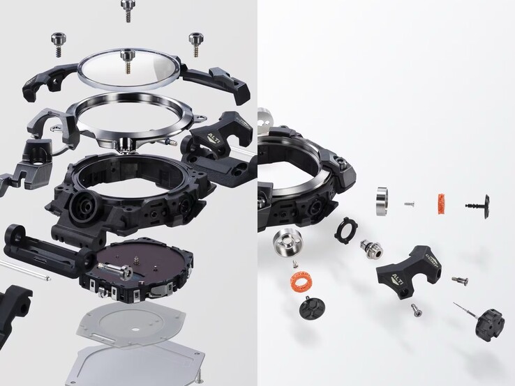 Vista esplosa del Casio G-Shock Mudmaster GWG-B1000 che mostra la lunetta, la cassa, il modulo, i pulsanti, la corona, le guarnizioni, le viti e gli altri componenti dell’orologio smontati.