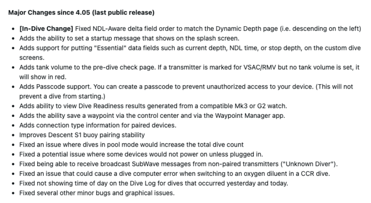 Le note di rilascio per il software di sistema Garmin Descent X50i 5.09
