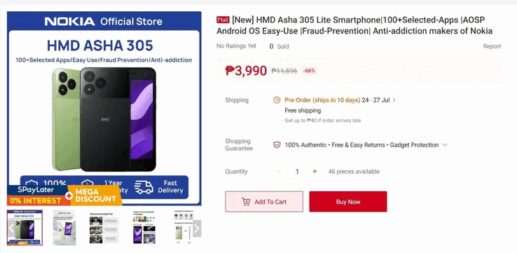 Il telefono è già in vendita presso un rivenditore nelle Filippine al prezzo di 3.990 PHP (circa 65 dollari).