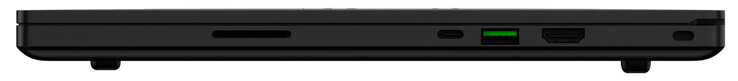 Lato destro: Lettore di schede SD, una porta Thunderbolt 3 (Type-C; DisplayPort e Power Delivery su USB-C), una porta USB 3.2 Gen 2 Type-A, uscita HDMI, slot di sicurezza Kensington