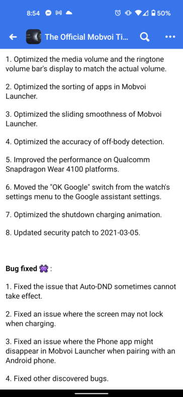 TicWatch Pro 3 update changelog (immagine via Reddit)