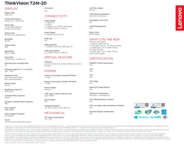 Lenovo ThinkVision T24t-20 - Specifiche. (Fonte: Lenovo)