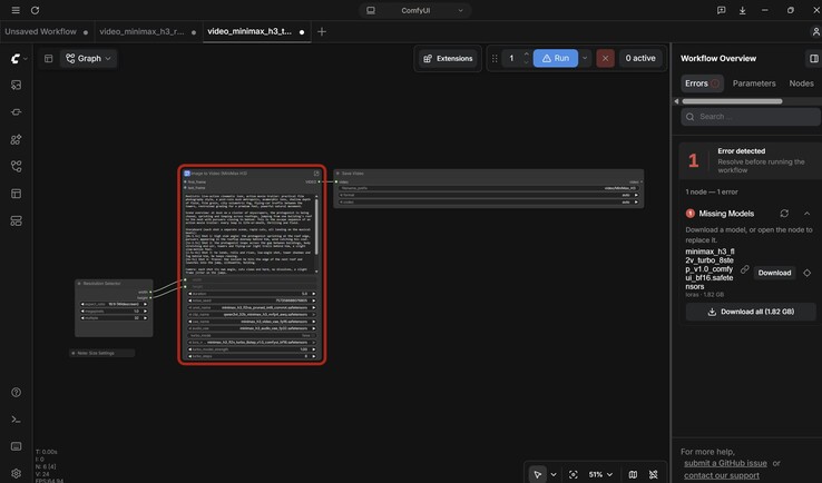 Il caso più semplice, da testo a video: un nodo per la selezione della risoluzione, seguito dal nodo principale con l’IA video e infine l’output video, compreso il formato