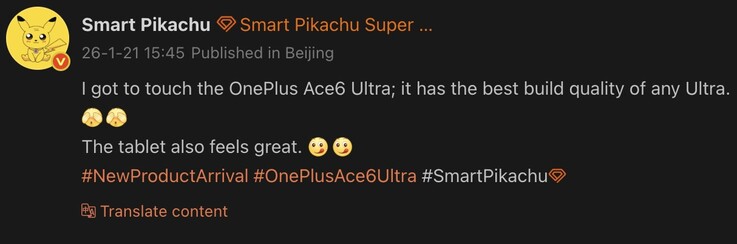 OnePlus Ace 6 Ultra trapela dal tipster Smart Pikachu. (Fonte immagine: Weibo - traduzione automatica)