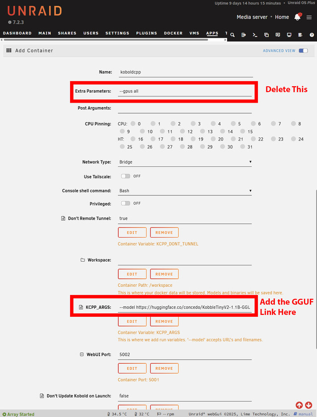 Il modello docker Unraid richiede solo 2 modifiche per iniziare. Se sta eseguendo senza una GPU, rimuova il flag GPU e incolli il link al file GGUF da Huggingface