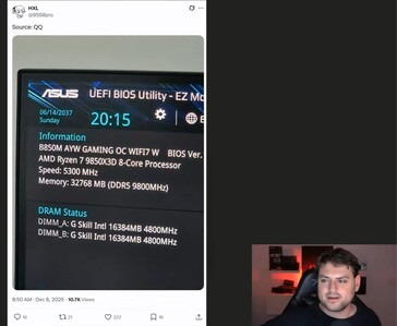 Lo screenshot del BIOS mostrerebbe un sistema AMD Ryzen 7 9850X3D funzionante con 32 GB di memoria DDR5-9800, condiviso dall'account X @9550pro (Fonte immagine: @9550pro / X)