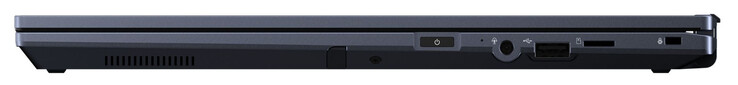 Lato destro: Stilo attivo, pulsante di accensione, combinazione audio, USB 2.0 (USB-A), lettore di schede di memoria (MicroSD), slot per il blocco del cavo