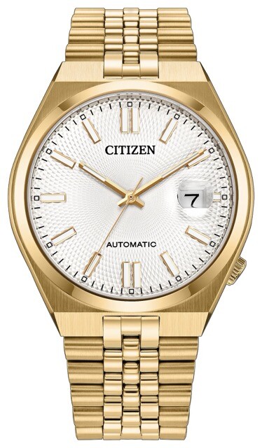 Orologio automatico Citizen Tsuyosa 60 con cassa in acciaio inossidabile color oro e bracciale in stile Jubilee, quadrante bianco con motivo guilloché e lente di ingrandimento «Cyclops» per la data.