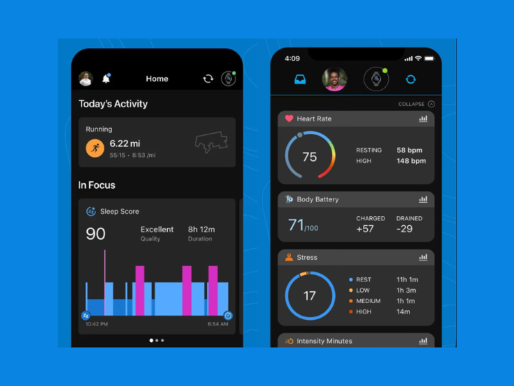 Schermate di confronto tra la nuova (sinistra) e la vecchia (destra) versione della schermata iniziale dell'app Garmin Connect. (Fonte: Garmin)