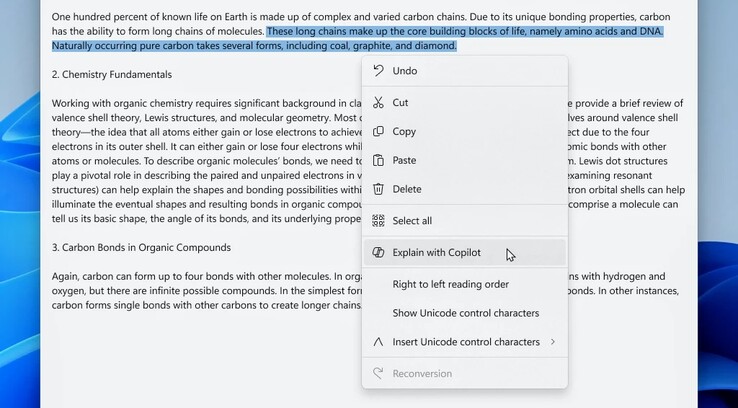 Screenshot della versione 11.2401.25.0 di Notepad. Copilot può essere attivato direttamente dal menu contestuale. (Blog di Windows)