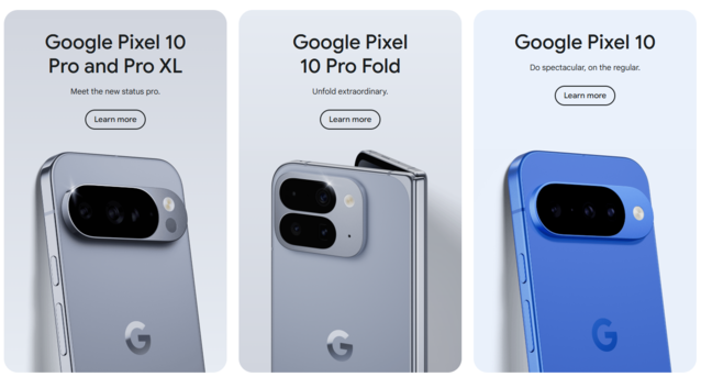 La gamma Pixel 10. Ad eccezione della piega, il Pixel 10 standard e il Pixel 10 Pro più piccolo sono quasi identici sia nella costruzione che nelle specifiche, ma hanno una differenza di prezzo di 200 dollari (Fonte: Google)