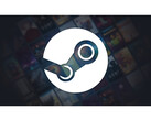 Un'immagine promozionale di Steam con un grande logo della piattaforma al centro su uno sfondo nero sbiadito con varie copertine di titoli di giochi fuori fuoco. (Fonte immagine: Steam)