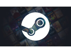 Un&#039;immagine promozionale di Steam con un grande logo della piattaforma al centro su uno sfondo nero sbiadito con varie copertine di titoli di giochi fuori fuoco. (Fonte immagine: Steam)