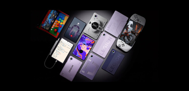 Il Lenovo Legion Y700 Infinite è raffigurato insieme ad altri dispositivi e accessori da gioco della serie Legion