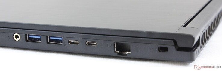 A destra: cuffie da 3.5 mm, microfono da 3.5 mm, 2x USB 3.2 Type-A, USB 3.2 Type-C, Gigabit RJ-45, Kensington Lock