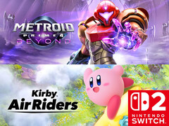 Vengono mostrati i banner di Metroid Prime 4: Beyond e Kirby Air Riders (Fonte immagine: Nintendo of America con modifiche)