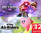 Vengono mostrati i banner di Metroid Prime 4: Beyond e Kirby Air Riders (Fonte immagine: Nintendo of America con modifiche)