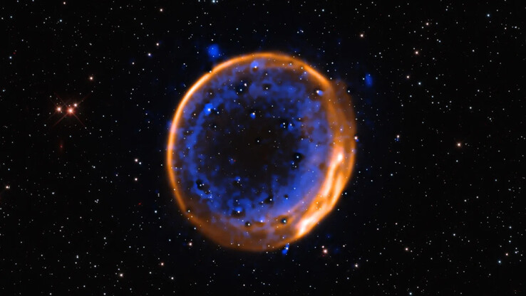 Immagine della supernova a doppia detonazione SNR 0509-67.5 vista dal VLT. (Fonte dell'immagine: ESO/P. Das et al. Stelle di sfondo (Hubble): K. Noll et al.)