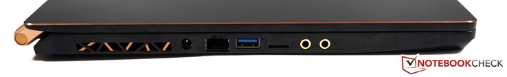 A sinistra: alimentazione, RJ45 LAN, USB-A 3.2 Gen2, microSD, microfono, cuffie
