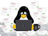 Un pinguino in stile Tux sopraffatto dalle segnalazioni di bug generate dall'AI che inondano l'area di lavoro di uno sviluppatore Linux.