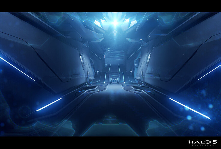 Questa scena del corridoio di Halo 5: Guardians utilizza una simmetria netta, accenti luminosi e una prospettiva profonda per creare un'elegante atmosfera futuristica.