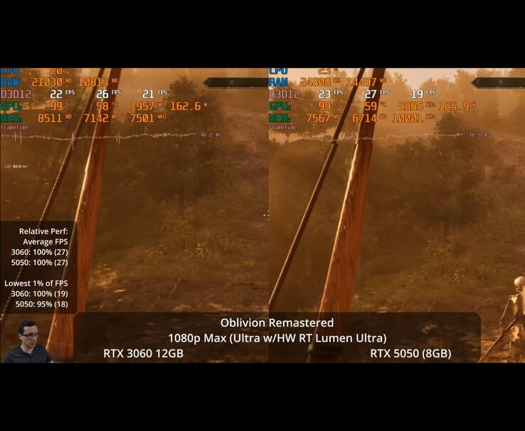 RTX 3060 12GB e RTX 5050, che mostrano FPS, utilizzo della GPU, memoria e statistiche di frametime (fonte: Daniel Owen)