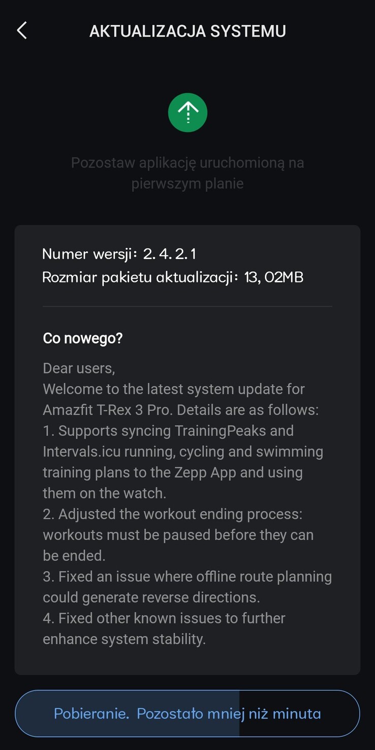 Le note di rilascio della versione software 2.4.2.1 per lo smartwatch Amazfit T-Rex 3 Pro. (Fonte immagine: Reddit)