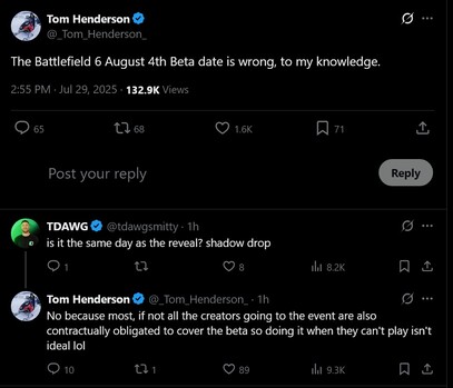 Tom Henderson risponde alla fuga di notizie sull'orario di inizio dell'open beta di Battlefield 6 (Fonte: screenshot, account Tom Henderson X)