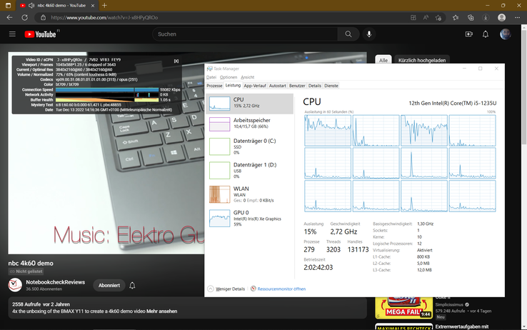 riproduzione 4K su YouTube: poche cadute di fotogrammi ed elevato utilizzo di ~60% su Intel Xe G7 80EUs