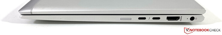 A Destra: Nano SIM, 2x USB-C con Thunderbolt 4 (USB 4, 40 Gb/s, DisplayPort 1.4, Power Delivery), HDMI 2.0b, alimentazione