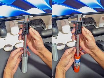 Misurazione del foro più profondo tra lo stick di colla stampato in 3D (sinistra) e lo stick di colla originale (destra)