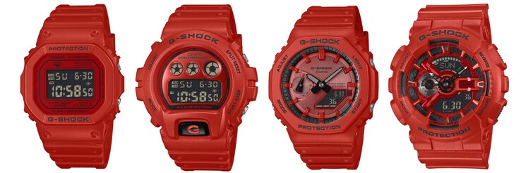 Da sinistra a destra: gli orologi Casio G-Shock DW5600RRB-4, DW6900RRB-4, GA2100RRB-4A e GA110RRB-4A. (Fonte immagine: Casio, a cura)