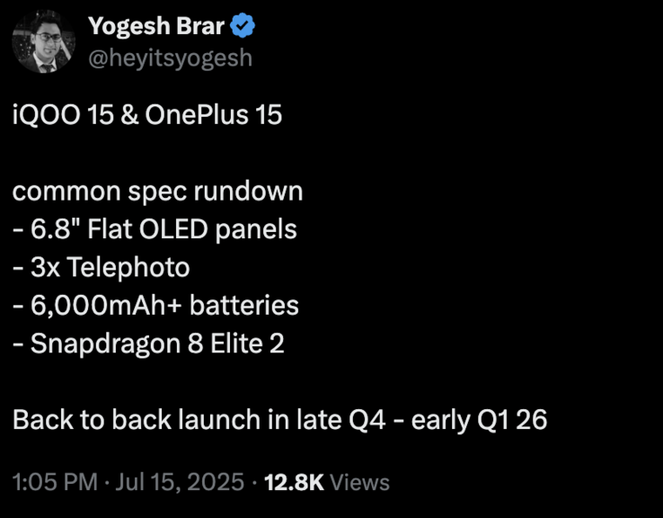 Dettagli trapelati di OnePlus 15 e iQoo 15. (Fonte immagine: X)