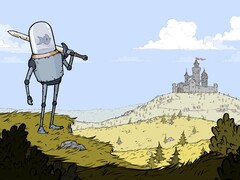 Immagine del gioco Feudal Alloy che mostra un cavaliere con la testa di un acquario e un castello sullo sfondo. (Fonte: Steam)