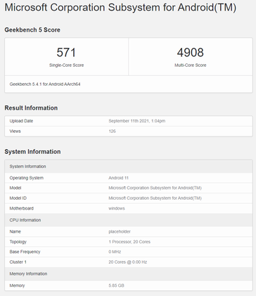 Elenco Geekbench del sottosistema Windows 11 Android su x86. (Fonte: Geekbench)