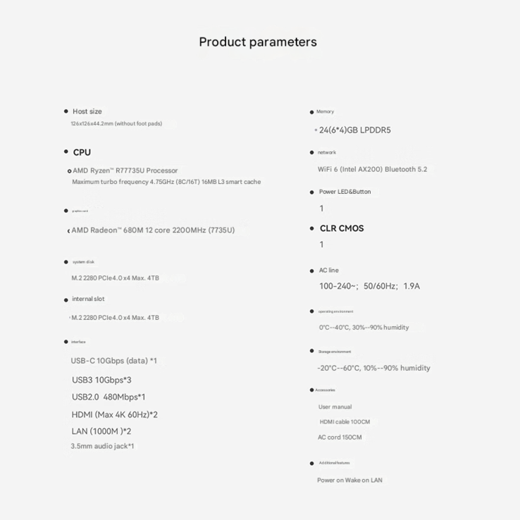 Specifiche complete del mini PC (Fonte immagine: Beelink - traduzione automatica)