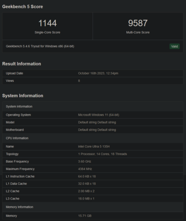 Prestazioni Intel Core Ultra 5 135H Geekbench (immagine via Geekbench)