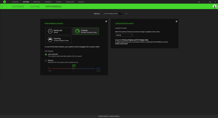 Razer ha aggiunto la modalità Creator e la modalità Gaming alla sua lista di profili di performance. Il sistema funziona più velocemente in modalità Creator