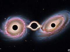 Un&#039;immagine illustrativa che mostra le due galassie che condividono 3 buchi neri (Fonte immagine: immagine generata dall&#039;AI; modificata)